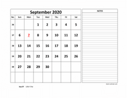 Printable September 2020 Calendar, large space for appointment and notes (horizontal)