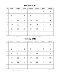 Printable Calendar 2020, 2 months per page, 6 pages (vertical)