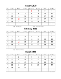 Printable 2020 calendar, 3 months per page (vertical)