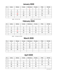 Printable Calendar 2020, 4 months per page, 3 pages (vertical)