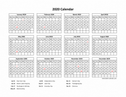 Free Download Printable Calendar 2020 with US Federal Holidays, one ...