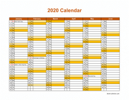Printable Calendar 2020, month in a column (two pages, half a year per page, horizontal)