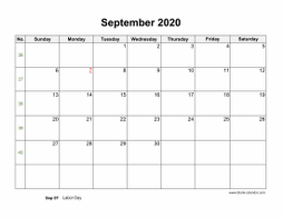 September 2020 Blank Calendar (horizontal)