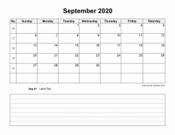 September 2020 Blank Calendar (horizontal, space for notes)