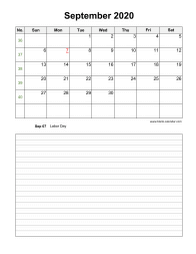 September 2020 Blank Calendar (vertical, space for notes)