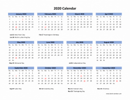 Blank Calendar 2020 with US Holidays (horizontal)
