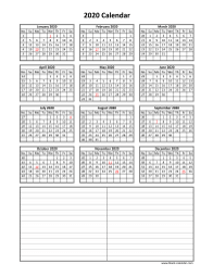 Blank Calendar 2020 with Space for Notes (vertical)