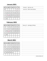 2021 Excel Calendar, 3 months in one excel spreadsheet (vertical)