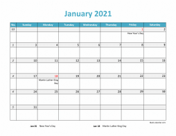 2021 Excel Calendar large boxes in the grid (horizontal)