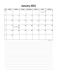 excel calendar 2021 space for notes