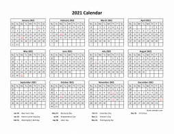 Yearly 2021 calendar with federal holidays