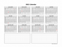 Yearly 2021 calendar template with space for notes