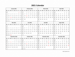Yearly 2021 calendar template with simple design