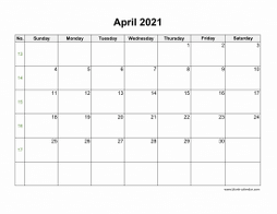 April 2021 Blank Calendar with US Holidays (horizontal)