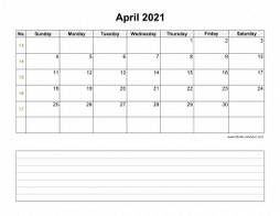 April 2021 Blank Calendar (horizontal, space for notes)