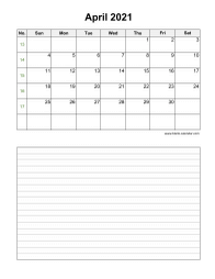 April 2021 Blank Calendar (vertical, space for notes)