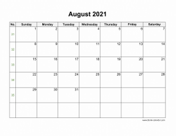 August 2021 Blank Calendar (horizontal)