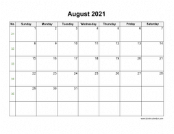 Blank Calendar for August 2021 (US Holidays, horizontal)