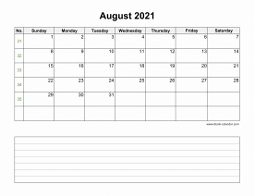 August 2021 Blank Calendar (Space for Notes, horizontal)