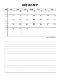 August 2021 Blank Calendar (vertical, space for notes)
