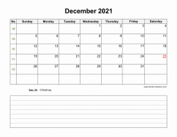 December 2021 Blank Calendar (horizontal, space for notes)