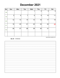 December 2021 Blank Calendar (vertical, space for notes)