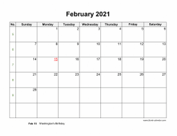 Blank Calendar for February 2021 (US Holidays, horizontal)