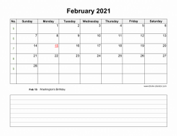 February 2021 Blank Calendar (horizontal, space for notes)