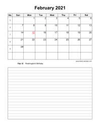 February 2021 Blank Calendar (vertical, space for notes)