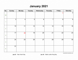 January 2021 Blank Calendar with US Holidays (horizontal)