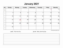 January 2021 Blank Calendar (horizontal, space for notes)