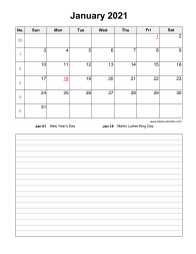 January 2021 Blank Calendar (vertical, space for notes)