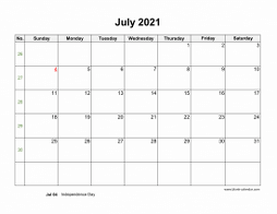 July 2021 Blank Calendar with US Holidays (horizontal)