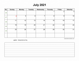 July 2021 Blank Calendar (horizontal, space for notes)