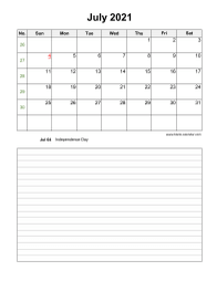 July 2021 Blank Calendar (vertical, space for notes)