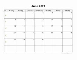 June 2021 Blank Calendar (horizontal)