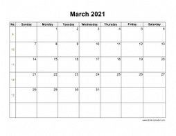 March 2021 blank calendar (horizontal)
