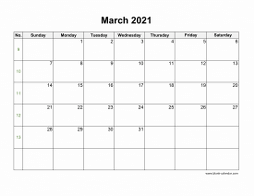 Blank Calendar for March 2021 (US Holidays, horizontal)