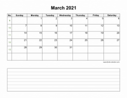 March 2021 Blank Calendar (Space for Notes, horizontal)
