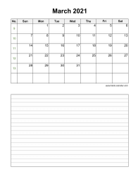 March 2021 Blank Calendar (Space for Notes, Vertical)