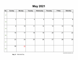 May 2021 Blank Calendar (horizontal)