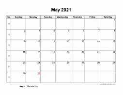 May 2021 Blank Calendar with US Holidays (horizontal)