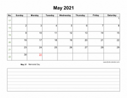May 2021 Blank Calendar (horizontal, space for notes)