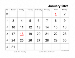 Monthly 2021 calendar with large font design, landscape orientation (horizontal)
