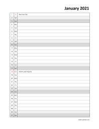 Monthly 2021 calendar, days vertically, space for appointment