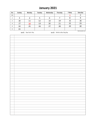 Monthly 2021 calendar with week numbers, space for appointment on the bottom