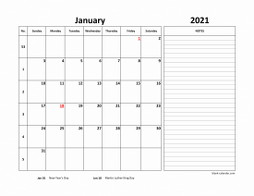 Monthly 2021 calendar with week numbers, space for notes on the right