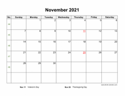 November 2021 Blank Calendar (horizontal)