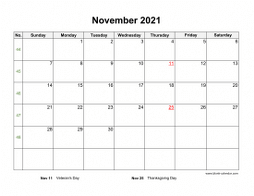 November 2021 Blank Calendar with US Holidays (horizontal)