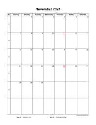 November 2021 Blank Calendar (US Holidays, vertical)